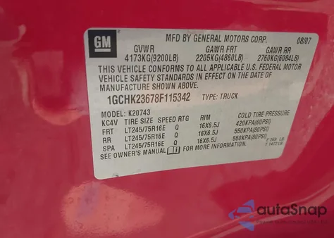 2008 Chevrolet Silverado 2500Hd Lt1 from USA, damaged, VIN 1GCHK23678F115342